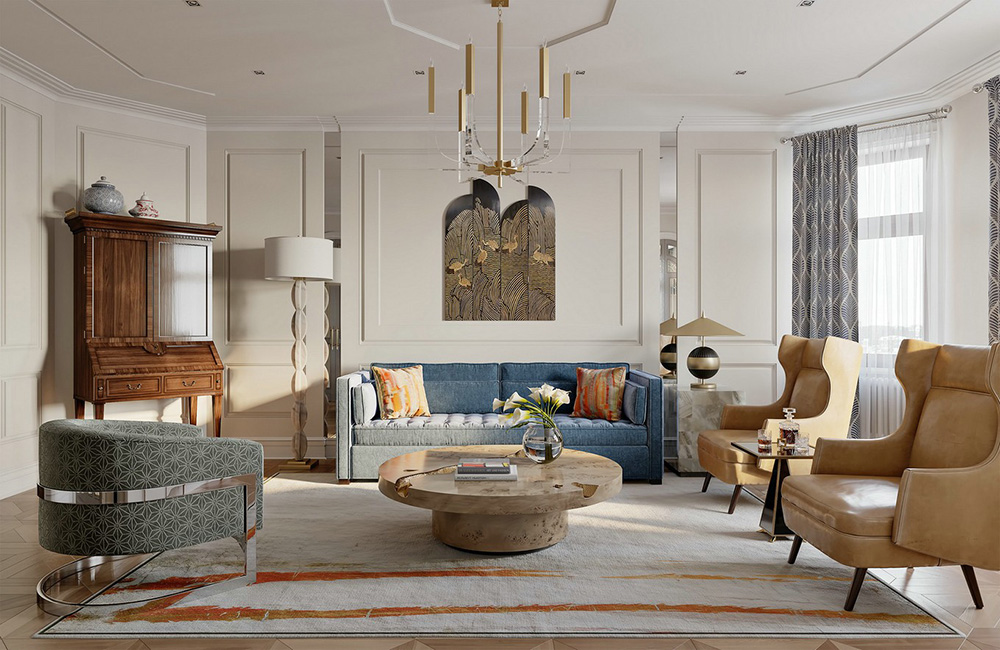 田園輕奢風(fēng)格室內(nèi)裝修效果圖-碧桂園新仕界四居180平米-客廳