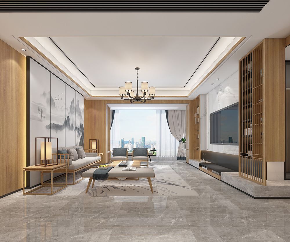 佛山市建投綠地璀璨天城新中式風格三居室裝修案例