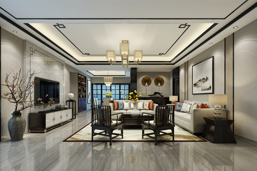 ?？谑袗廴A小區(qū)新中式風格三居室裝修案例